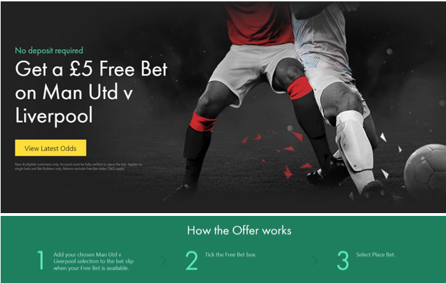 bet365 Manchester United v Liverpool offer £5 free bet