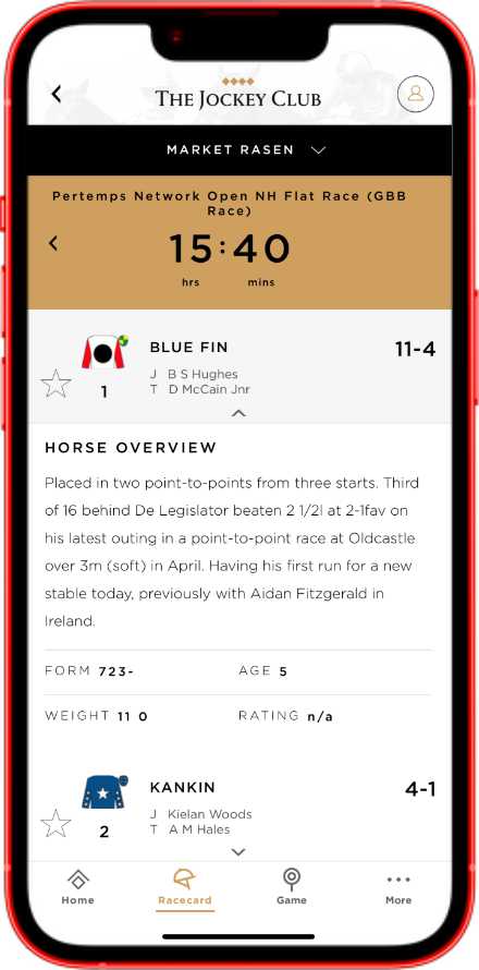 Digital racecards on the app