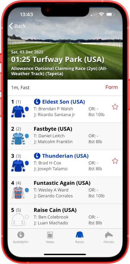 racecard on Godolphin app