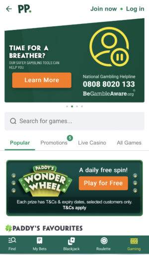 Paddy Power App casino games home