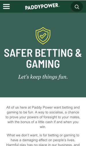Paddy Power app safer gambling hub screen shot
