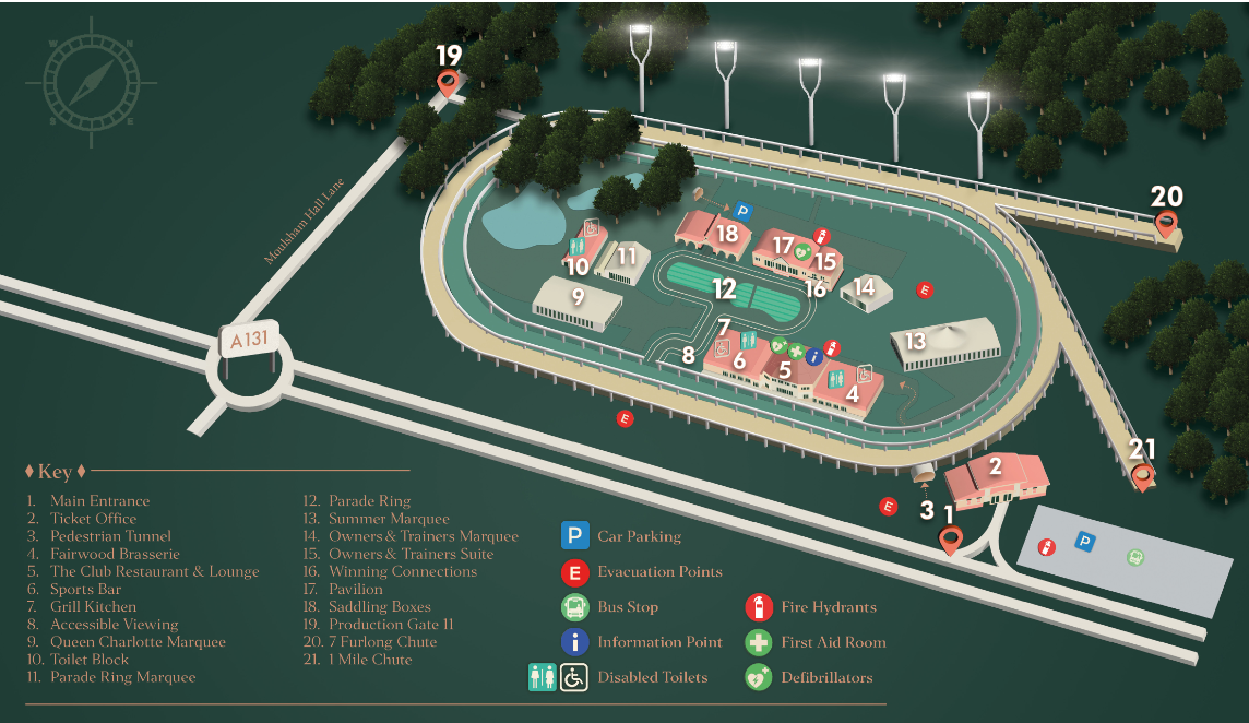 Chelmsford City race course map including hospitality and parking
