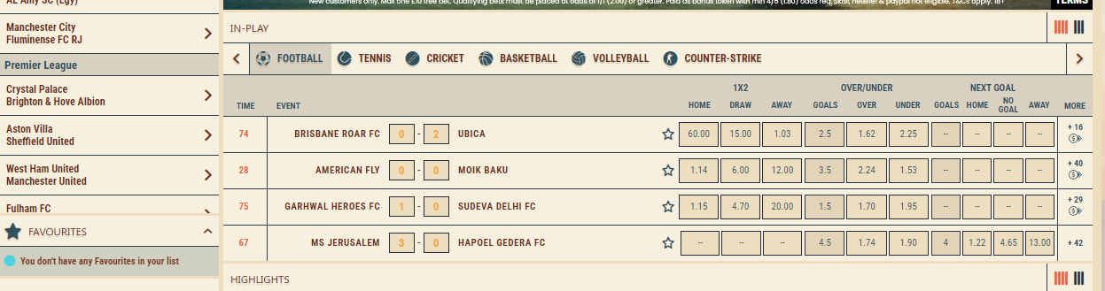 Live sports betting on football example screen shot