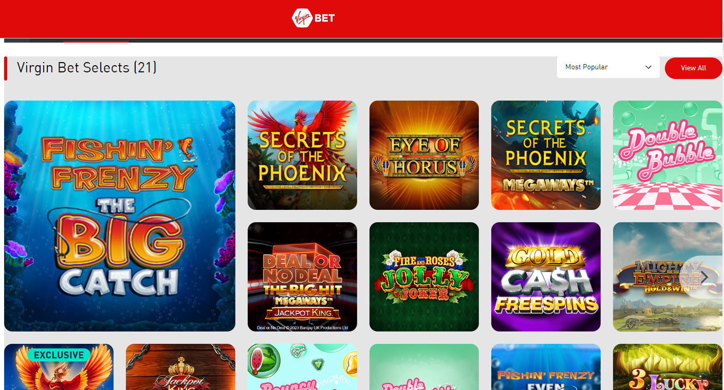 casino games on the Virginbet casino website - screen shot showing the available games