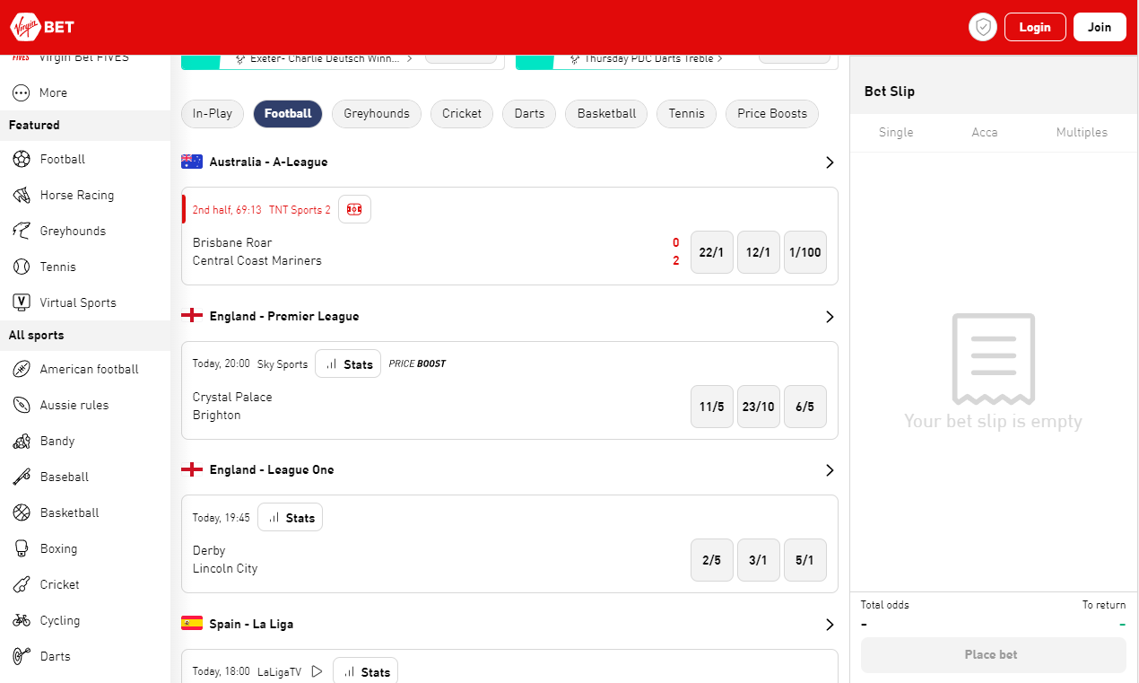 sports betting home on the virgin bet website showing the available sports - screen shot